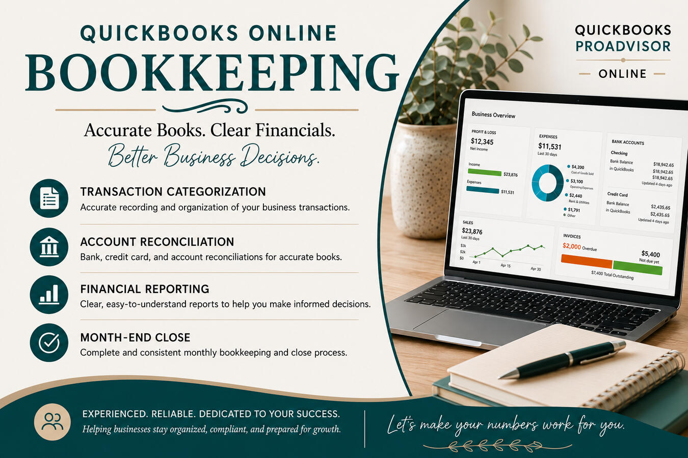 QuickBooks Pro Advisor QuickBooks Online bookkeeping, reconciliations, financial reporting, and month-end close services
